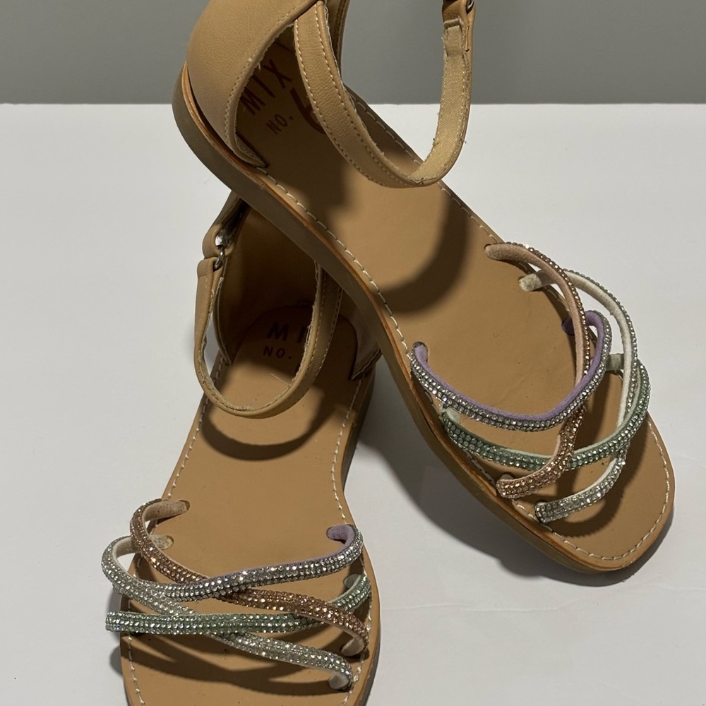 Mix No. 6 Rhinestone Multi Strap Flat Sandals Beige Gold Big Girls size 3
